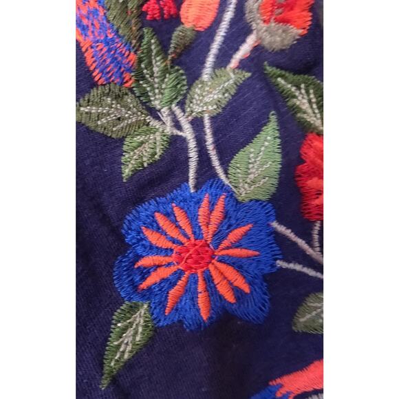 Solitaire Navy Blue Top L Heavily Embroidered Birds Floral Tassels Boho Peasant - Picture 7 of 16